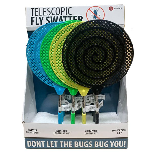 8″ Telescopic Round Fly Swatter Cushion, Grip Handle, Assorted Colors