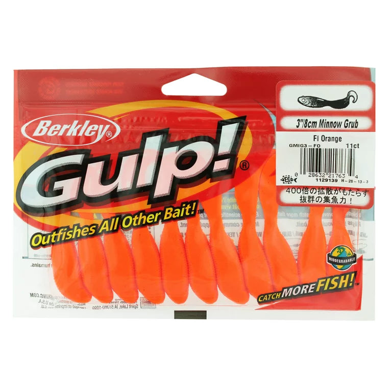 Berkley Gulp Minnow Grub, 3in, 11pk, Flo Orange