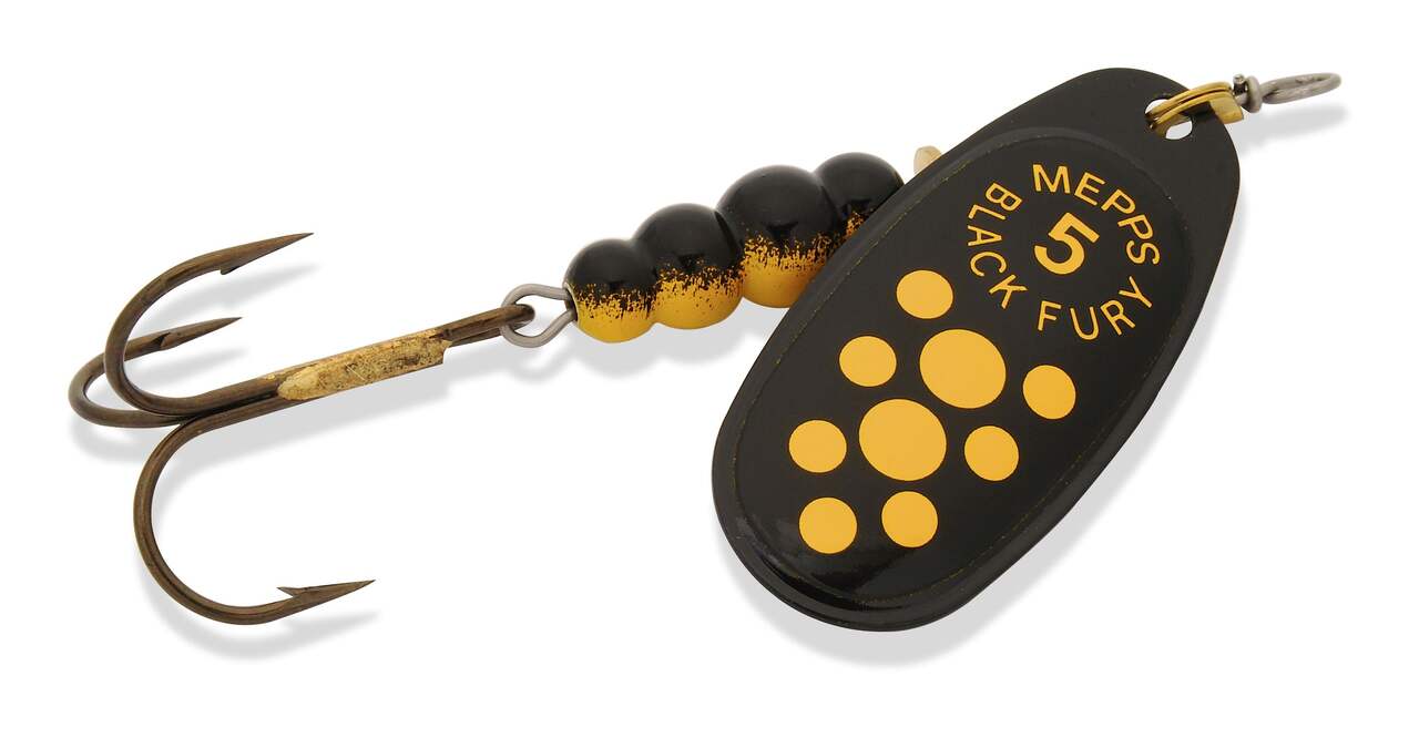 black fury fishing lure Mepps Fury, 1/8 Oz, Reddot The Black Fury is an excellent low light spinner as well as a perfect choice for sunny days when contrast with the brightness of the water Black Fury Spinner - #00